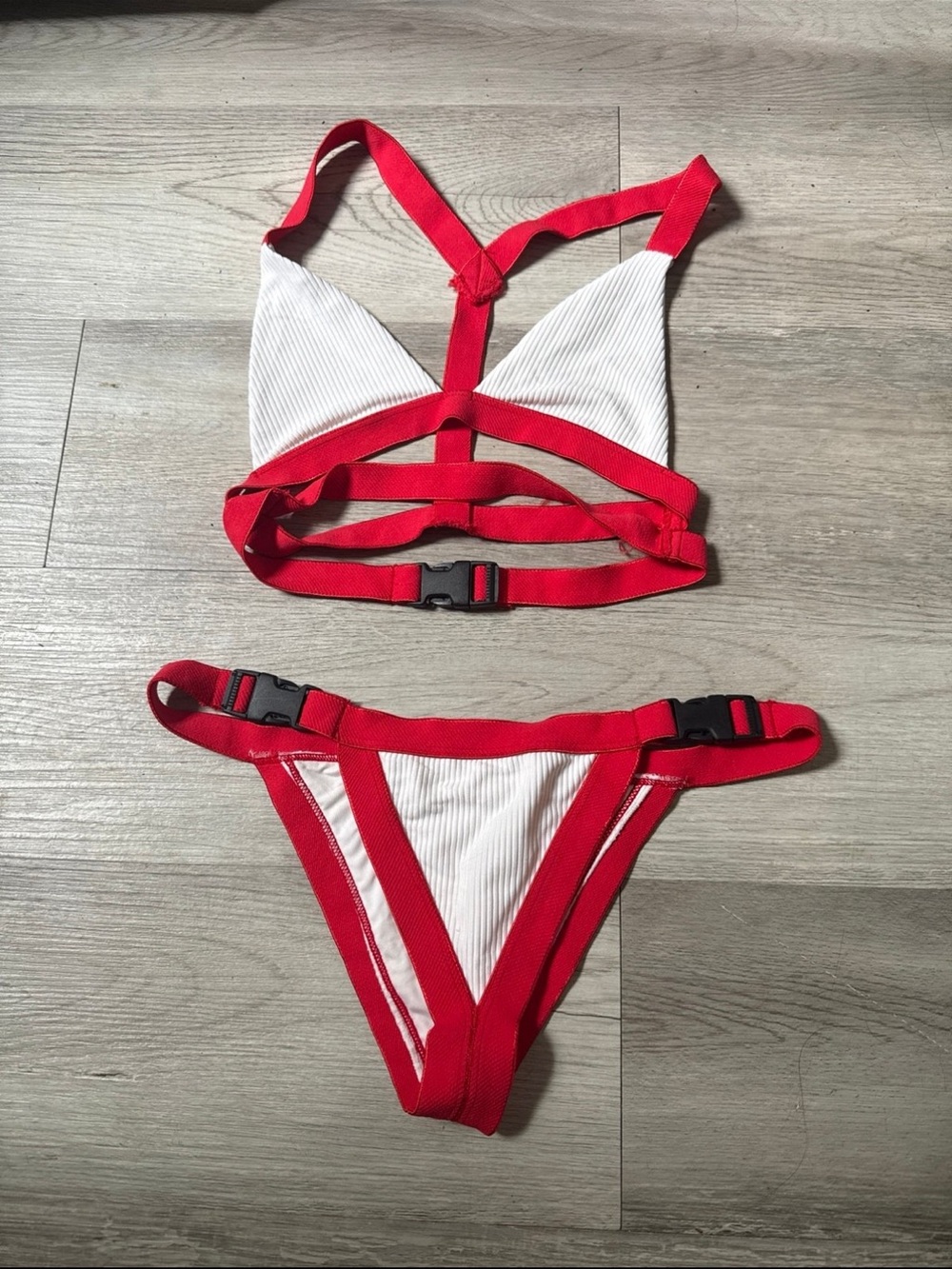 Frankie's Bikinis White and Red Strappy Ribbed Two-Piece Bikini